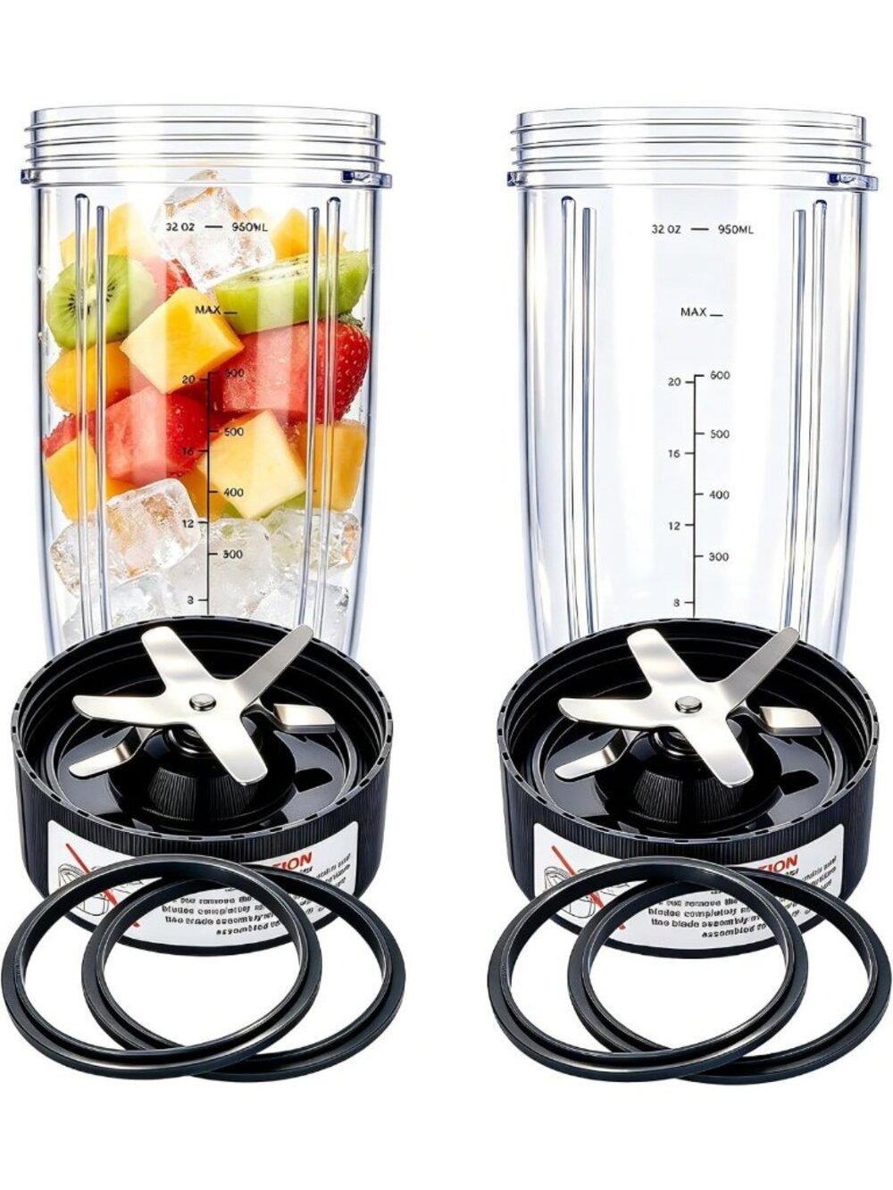 32oz Blender Cups & Extractor Blades Set - Replacement Parts with Gaskets, 8 Pcs